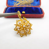 Victorian 18ct Gold, Seed Pearl & 0.4ct Diamond Starburst Brooch Pendant c1890