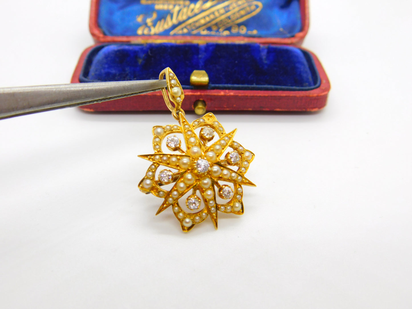 Victorian 18ct Gold, Seed Pearl & 0.4ct Diamond Starburst Brooch Pendant c1890