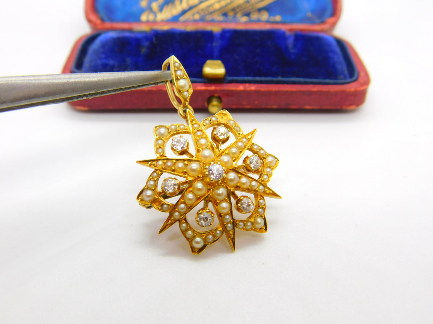 Victorian 18ct Gold, Seed Pearl & 0.4ct Diamond Starburst Brooch Pendant c1890