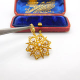 Victorian 18ct Gold, Seed Pearl & 0.4ct Diamond Starburst Brooch Pendant c1890