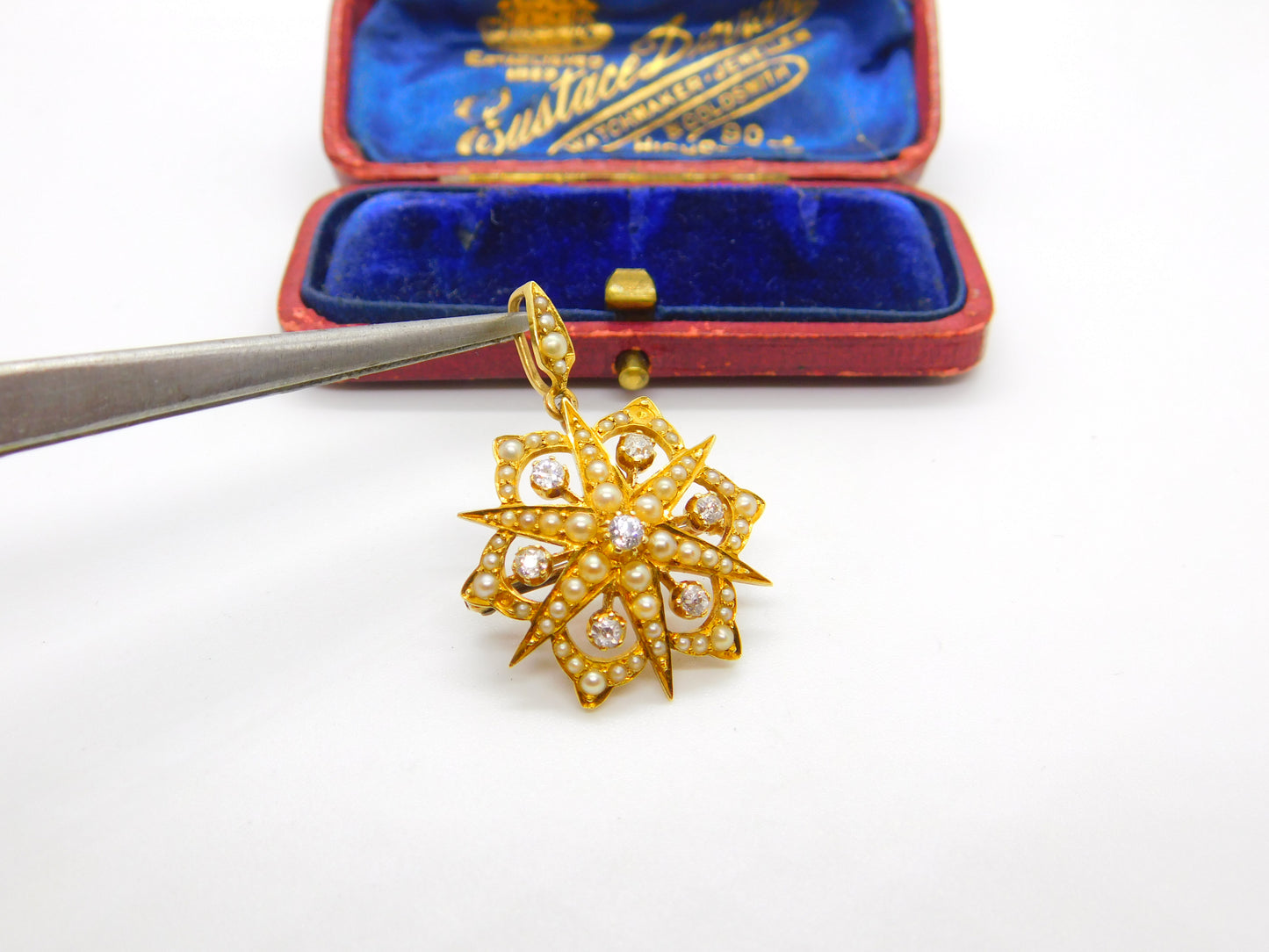 Victorian 18ct Gold, Seed Pearl & 0.4ct Diamond Starburst Brooch Pendant c1890