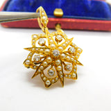 Victorian 18ct Gold, Seed Pearl & 0.4ct Diamond Starburst Brooch Pendant c1890