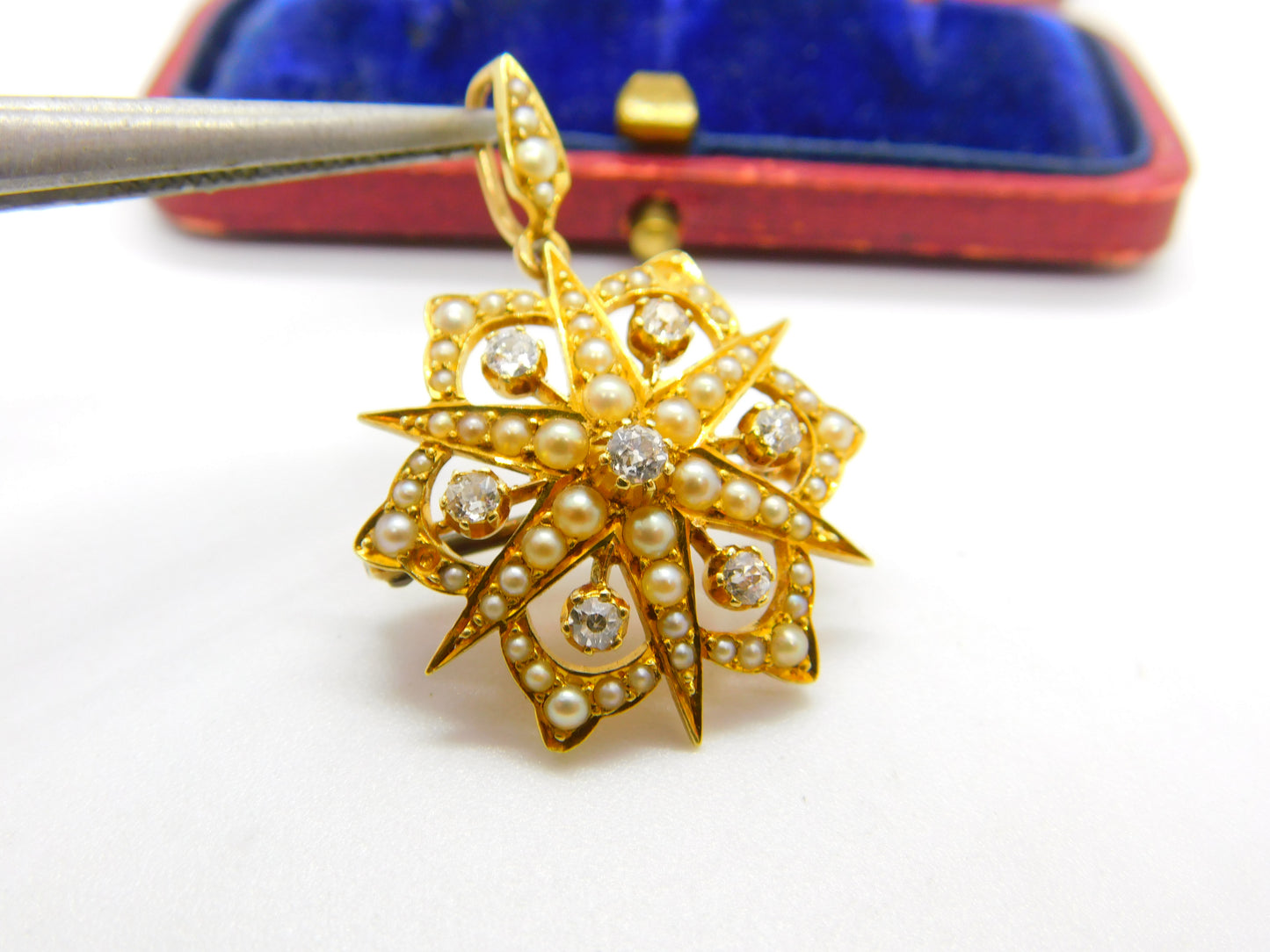 Victorian 18ct Gold, Seed Pearl & 0.4ct Diamond Starburst Brooch Pendant c1890