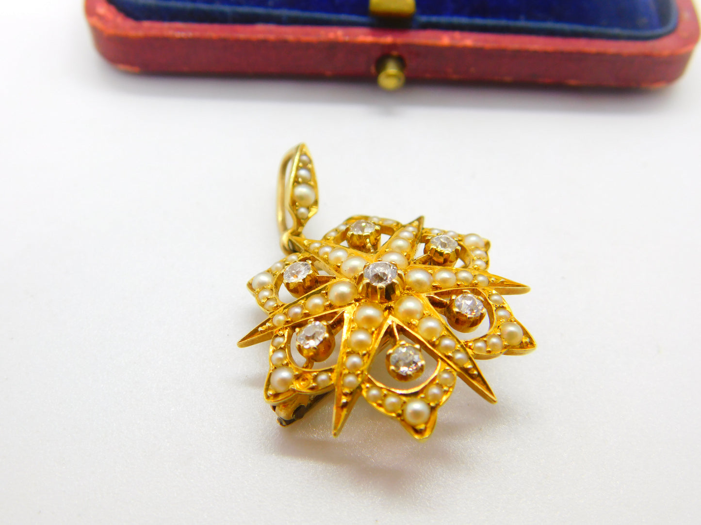 Victorian 18ct Gold, Seed Pearl & 0.4ct Diamond Starburst Brooch Pendant c1890