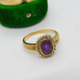 9ct Gold Victorian Style Amethyst & Diamond Floral Cluster Ring Vintage c1970