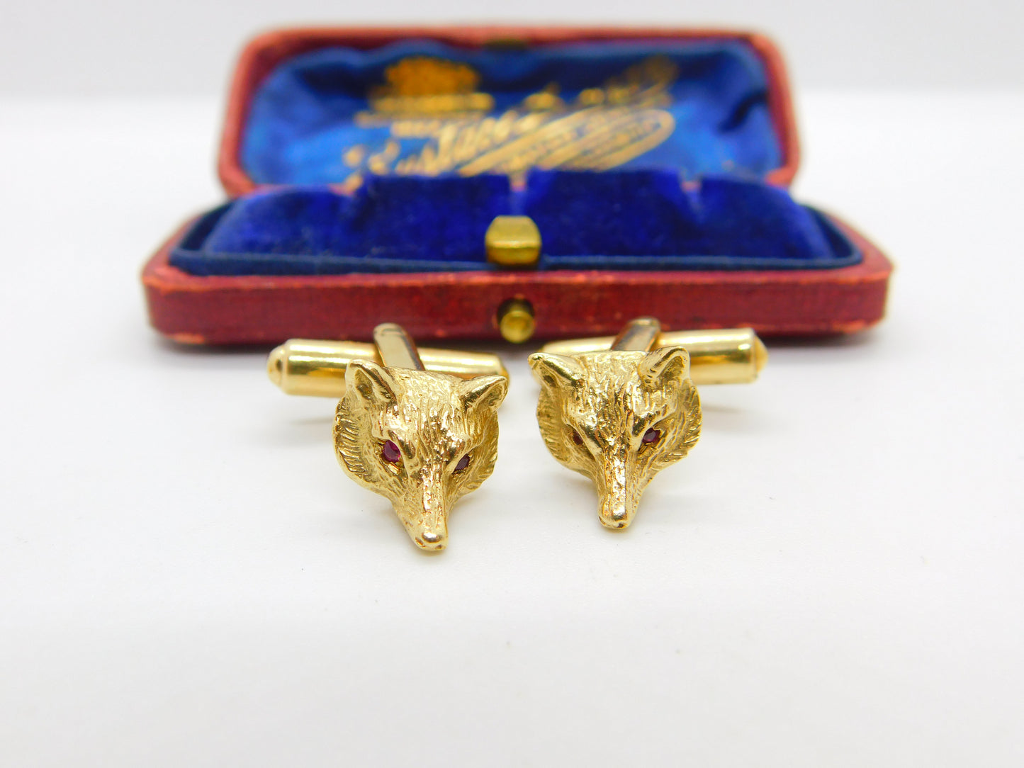 9ct Yellow Gold & Ruby Eye Gents Fox Mask Hunting Cufflinks Vintage c1980