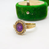 9ct Gold Victorian Style Amethyst & Diamond Floral Cluster Ring Vintage c1970