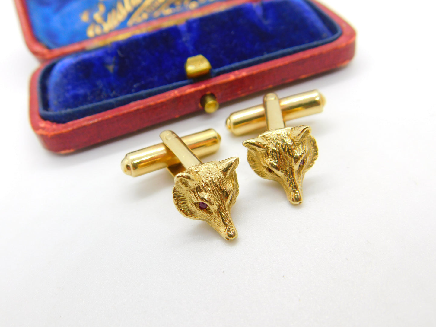 9ct Yellow Gold & Ruby Eye Gents Fox Mask Hunting Cufflinks Vintage c1980