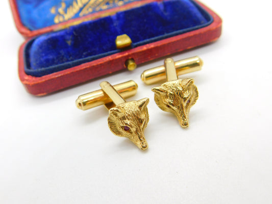 9ct Yellow Gold & Ruby Eye Gents Fox Mask Hunting Cufflinks Vintage c1980