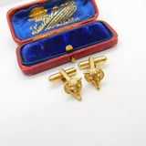 9ct Yellow Gold & Ruby Eye Gents Fox Mask Hunting Cufflinks Vintage c1980