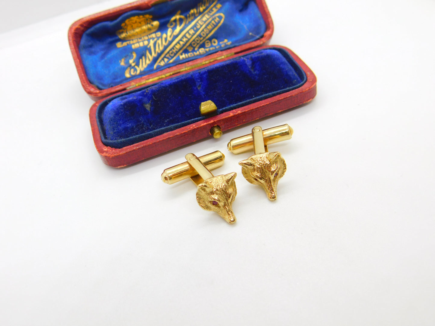 9ct Yellow Gold & Ruby Eye Gents Fox Mask Hunting Cufflinks Vintage c1980