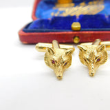 9ct Yellow Gold & Ruby Eye Gents Fox Mask Hunting Cufflinks Vintage c1980