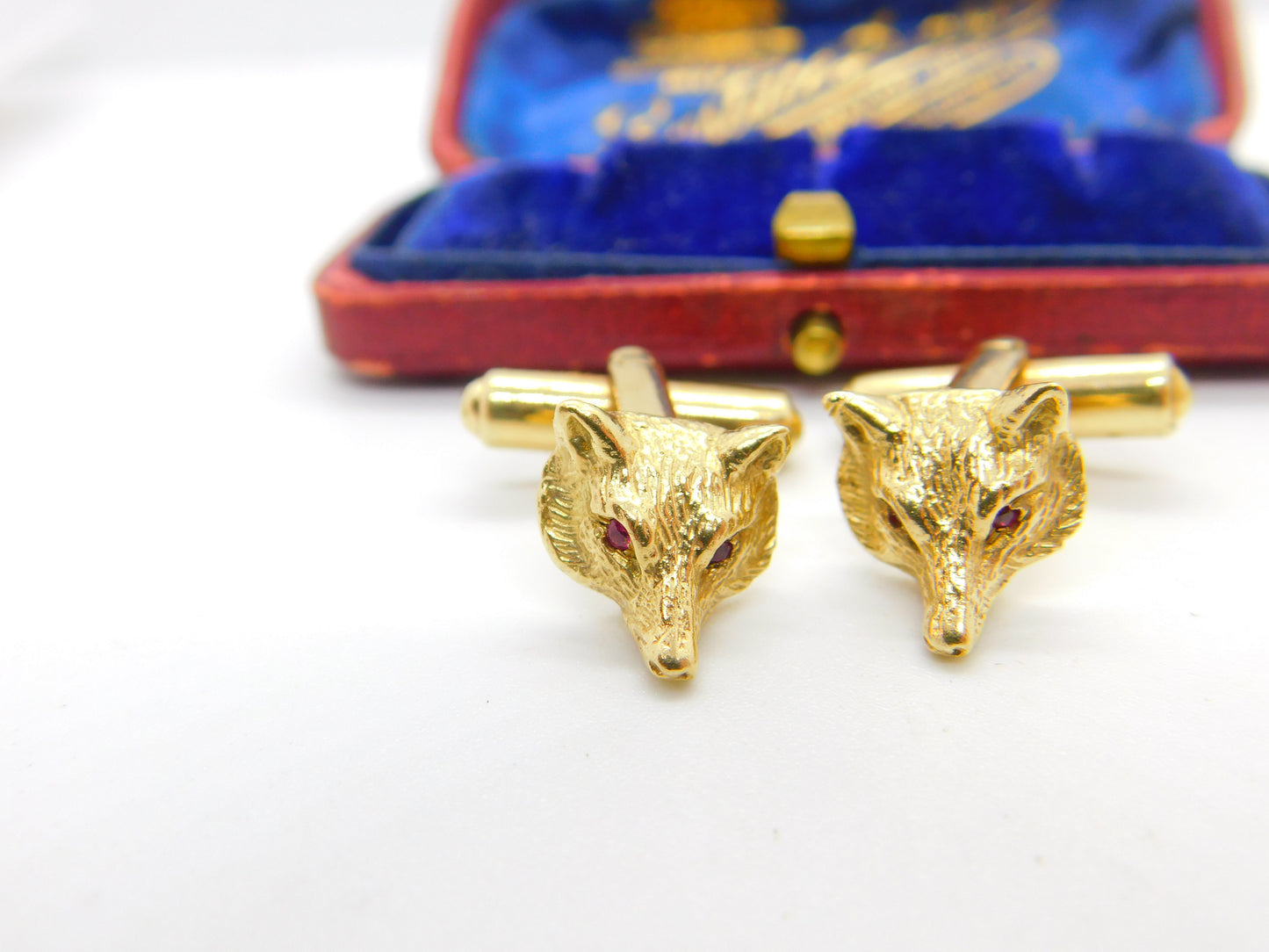 9ct Yellow Gold & Ruby Eye Gents Fox Mask Hunting Cufflinks Vintage c1980