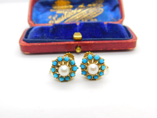 Edwardian 9ct Gold, Turquoise & Pearl Screw Back Earrings Antique c1910