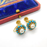Edwardian 9ct Gold, Turquoise & Pearl Screw Back Earrings Antique c1910