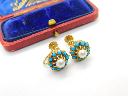 Edwardian 9ct Gold, Turquoise & Pearl Screw Back Earrings Antique c1910