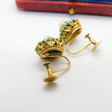 Edwardian 9ct Gold, Turquoise & Pearl Screw Back Earrings Antique c1910