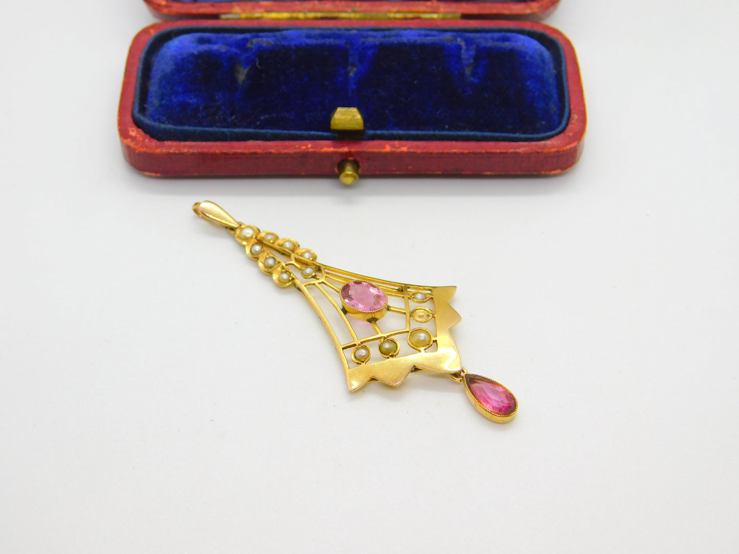 Edwardian 9ct Gold, Seed Pearl & Pink Topaz Lavalier Drop Pendant Antique c1910