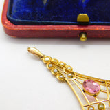 Edwardian 9ct Gold, Seed Pearl & Pink Topaz Lavalier Drop Pendant Antique c1910