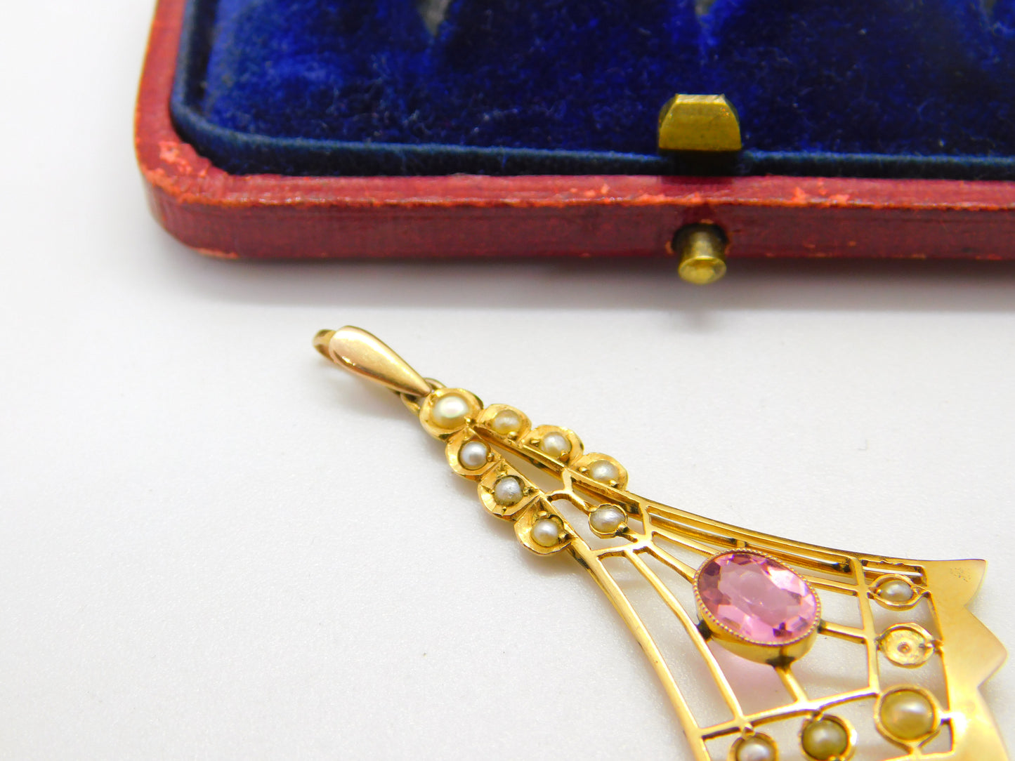 Edwardian 9ct Gold, Seed Pearl & Pink Topaz Lavalier Drop Pendant Antique c1910