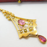 Edwardian 9ct Gold, Seed Pearl & Pink Topaz Lavalier Drop Pendant Antique c1910