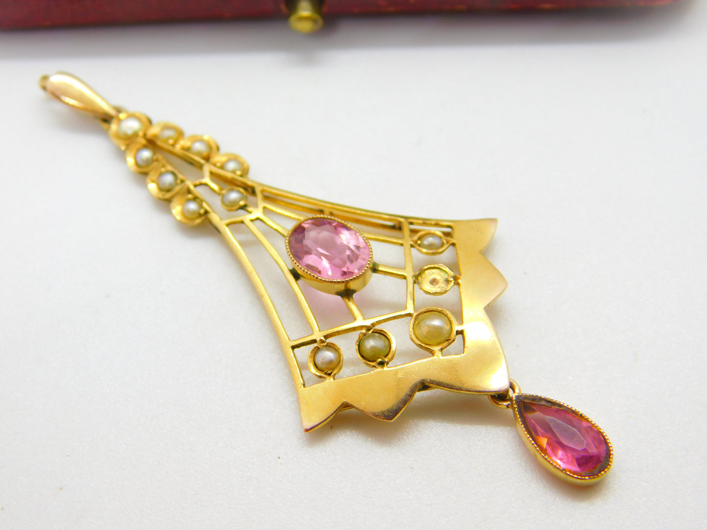 Edwardian 9ct Gold, Seed Pearl & Pink Topaz Lavalier Drop Pendant Antique c1910