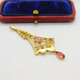 Edwardian 9ct Gold, Seed Pearl & Pink Topaz Lavalier Drop Pendant Antique c1910