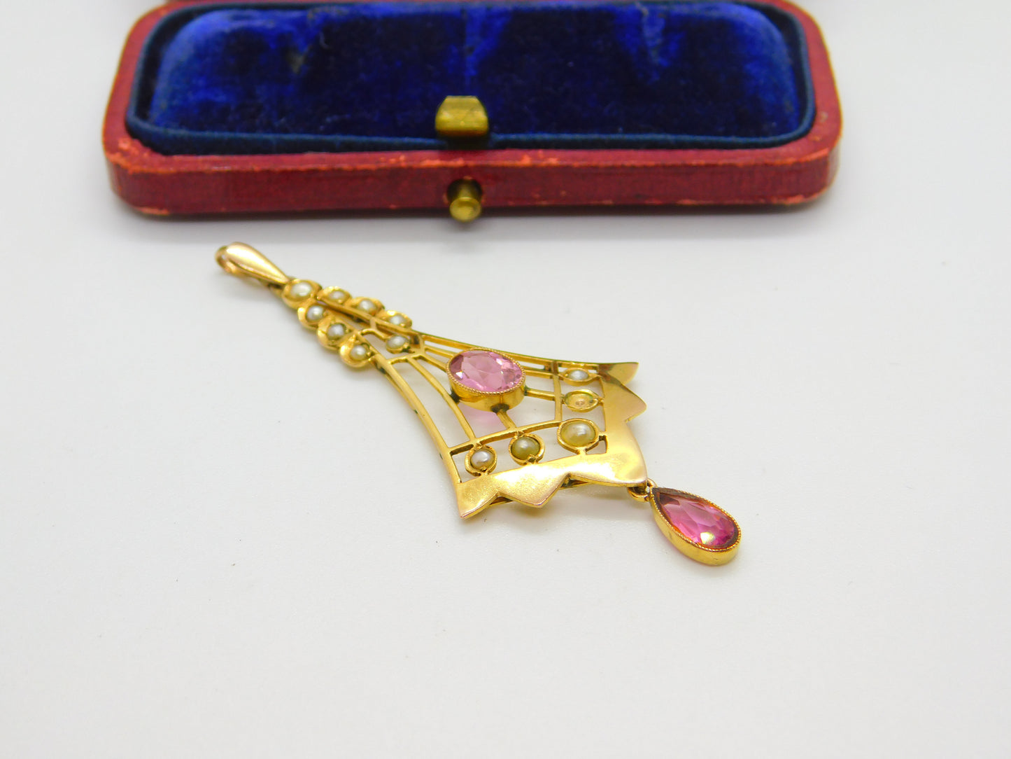 Edwardian 9ct Gold, Seed Pearl & Pink Topaz Lavalier Drop Pendant Antique c1910