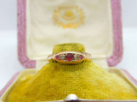 Victorian 18ct Rose Gold, Ruby & Diamond Boat Ring 1885 Birmingham Antique AF