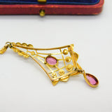 Edwardian 9ct Gold, Seed Pearl & Pink Topaz Lavalier Drop Pendant Antique c1910