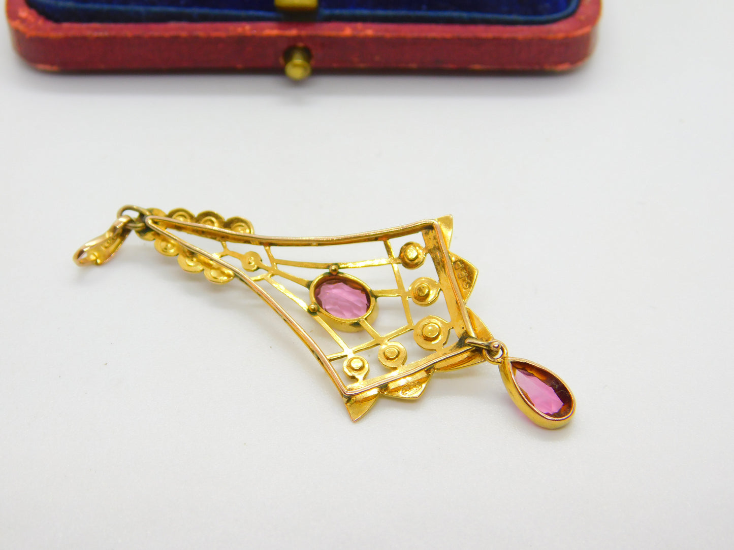 Edwardian 9ct Gold, Seed Pearl & Pink Topaz Lavalier Drop Pendant Antique c1910