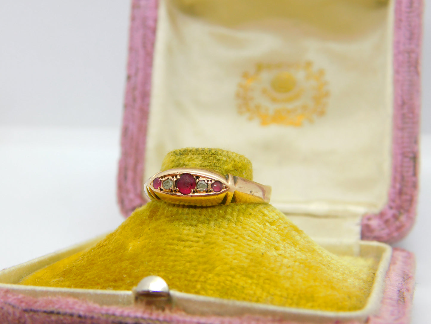 Victorian 18ct Rose Gold, Ruby & Diamond Boat Ring 1885 Birmingham Antique AF