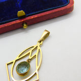 Edwardian Art Nouveau 9ct Gold & Blue Topaz Lavalier Drop Pendant Antique c1910
