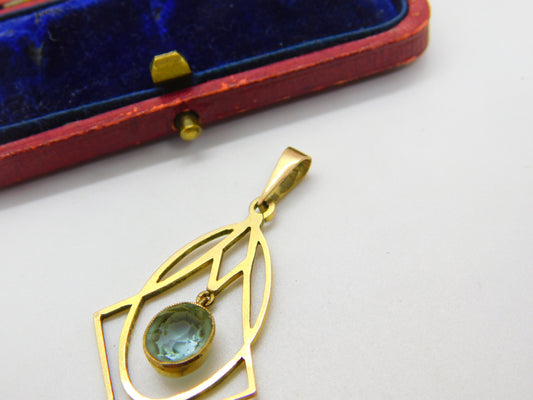 Edwardian Art Nouveau 9ct Gold & Blue Topaz Lavalier Drop Pendant Antique c1910