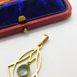 Edwardian Art Nouveau 9ct Gold & Blue Topaz Lavalier Drop Pendant Antique c1910