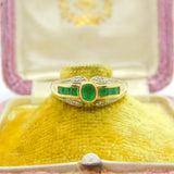 9ct Yellow Gold Baguette Cut Colombian Emerald & Diamond Band Ring Vintage