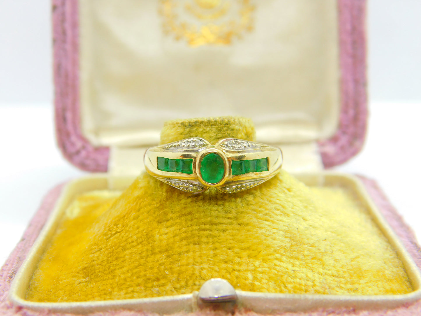 9ct Yellow Gold Baguette Cut Colombian Emerald & Diamond Band Ring Vintage