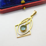 Edwardian Art Nouveau 9ct Gold & Blue Topaz Lavalier Drop Pendant Antique c1910