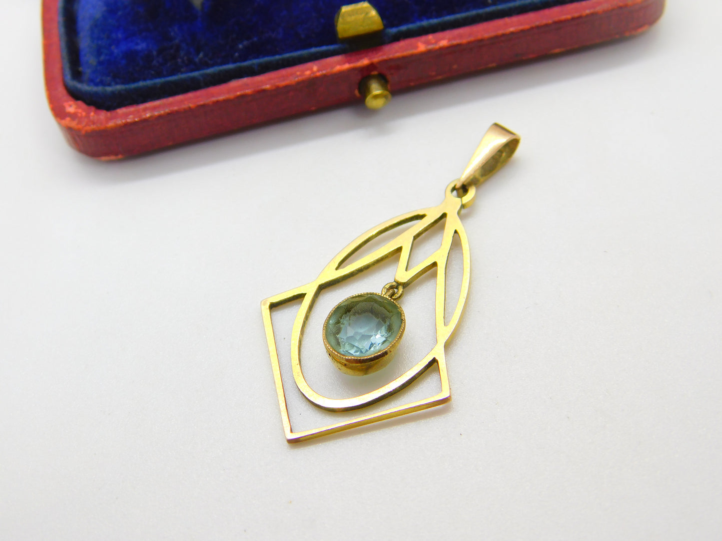 Edwardian Art Nouveau 9ct Gold & Blue Topaz Lavalier Drop Pendant Antique c1910