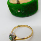 9ct Yellow Gold, Emerald & Diamond Floral Cluster Ring Vintage 1970 London
