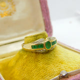 9ct Yellow Gold Baguette Cut Colombian Emerald & Diamond Band Ring Vintage