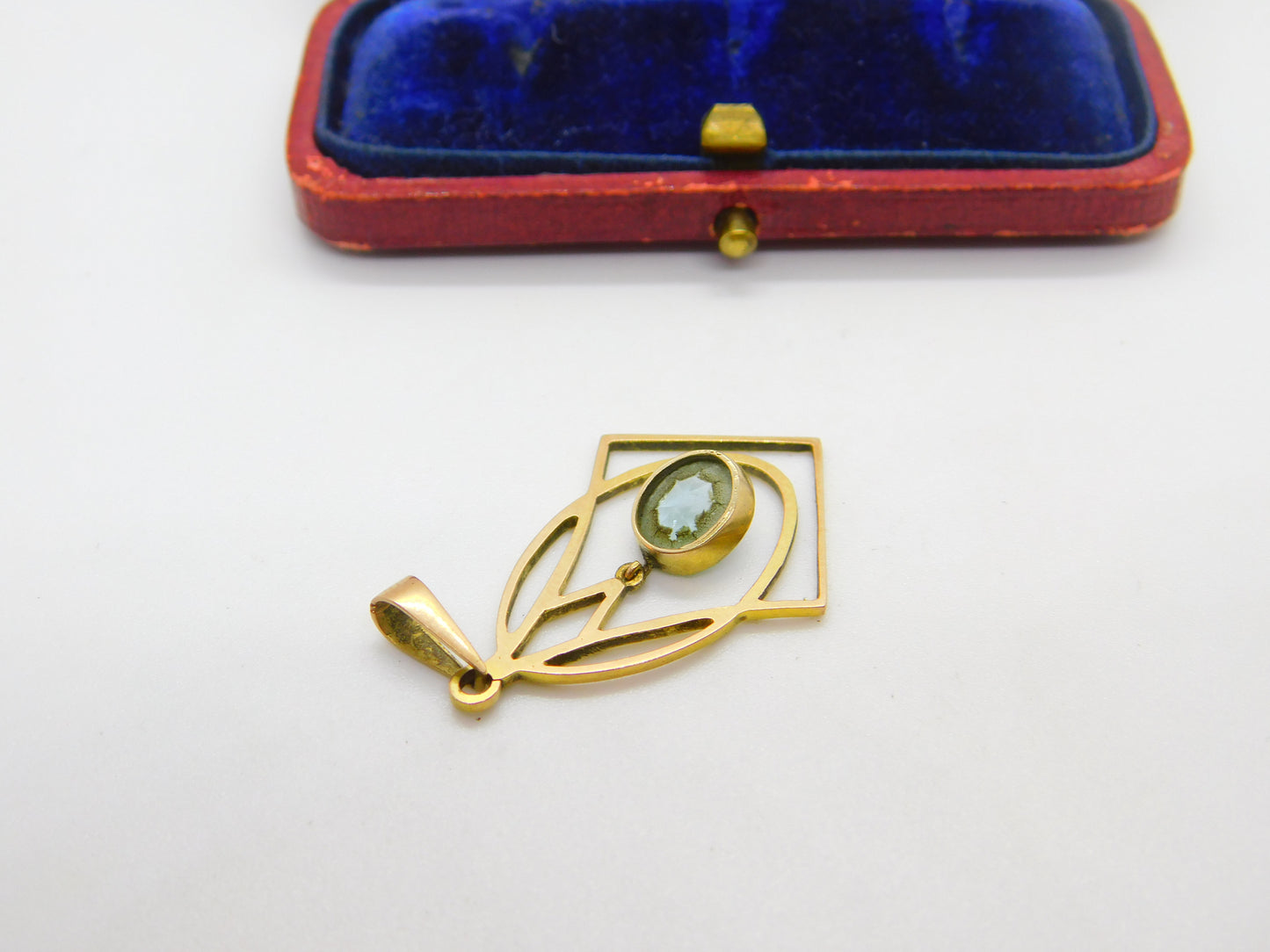 Edwardian Art Nouveau 9ct Gold & Blue Topaz Lavalier Drop Pendant Antique c1910