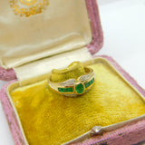 9ct Yellow Gold Baguette Cut Colombian Emerald & Diamond Band Ring Vintage