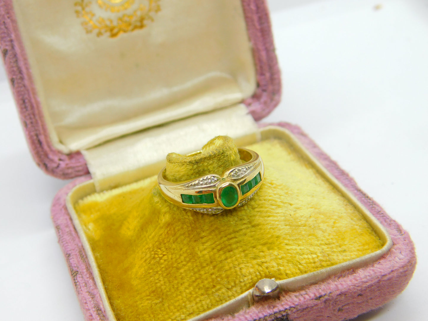 9ct Yellow Gold Baguette Cut Colombian Emerald & Diamond Band Ring Vintage