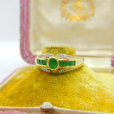 9ct Yellow Gold Baguette Cut Colombian Emerald & Diamond Band Ring Vintage
