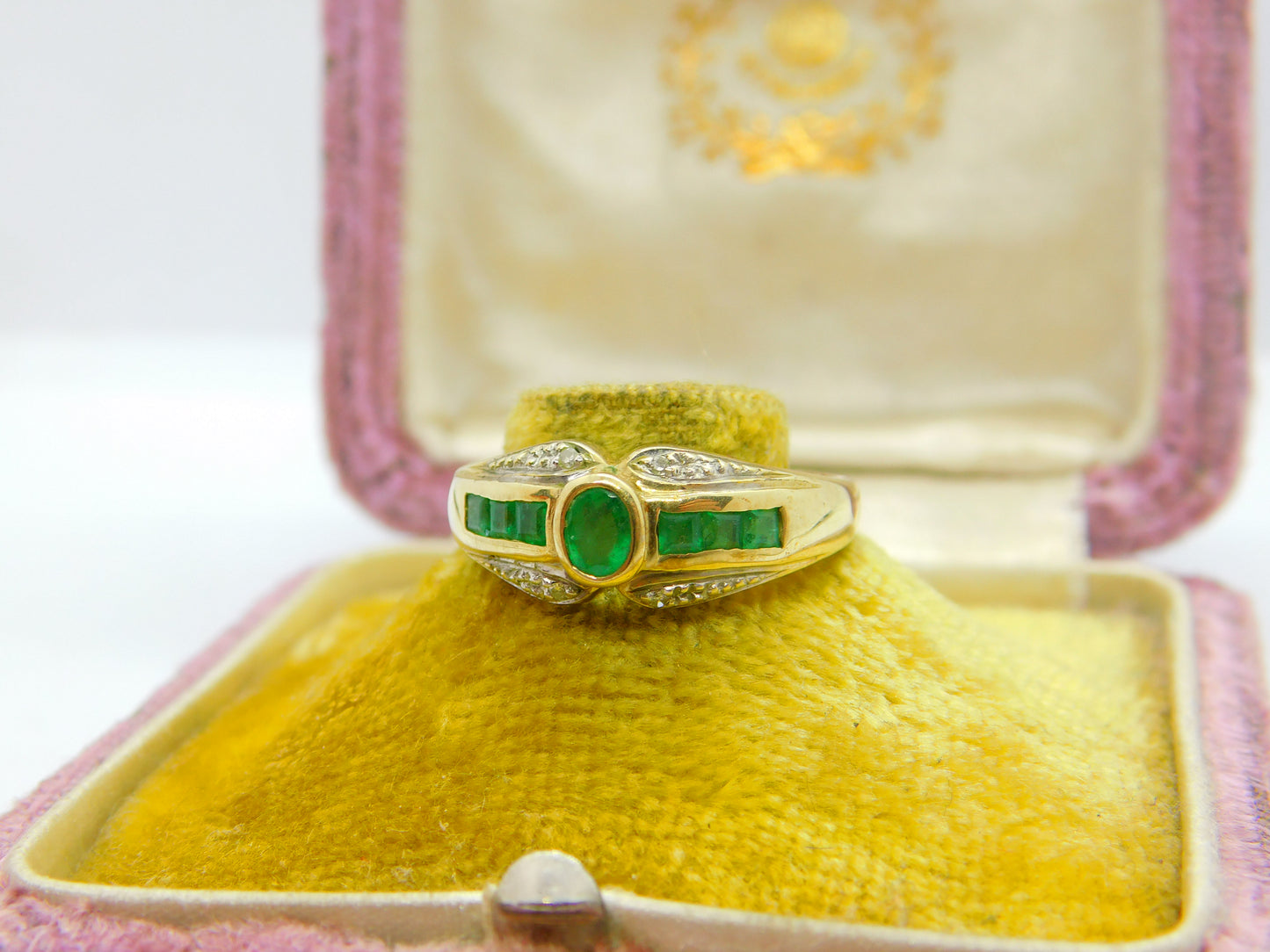 9ct Yellow Gold Baguette Cut Colombian Emerald & Diamond Band Ring Vintage