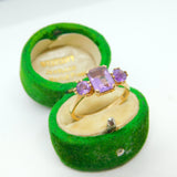 9ct Yellow Gold Three-Stone Amethyst Dress Ring Vintage 1966 London