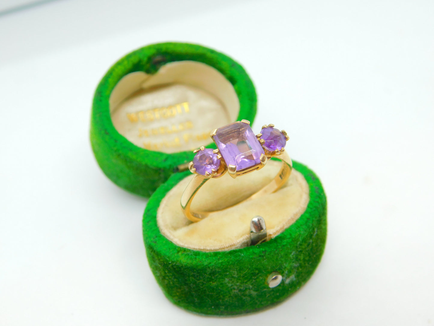 9ct Yellow Gold Three-Stone Amethyst Dress Ring Vintage 1966 London