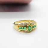 9ct Yellow Gold Baguette Cut Colombian Emerald & Diamond Band Ring Vintage