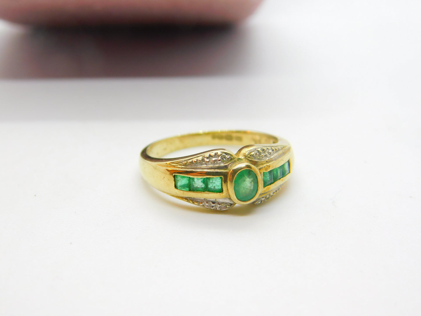 9ct Yellow Gold Baguette Cut Colombian Emerald & Diamond Band Ring Vintage